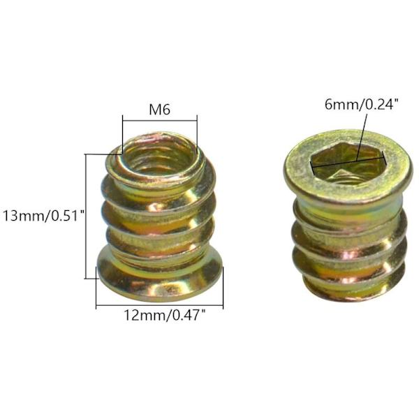 20-pack gängade muttrar för trä Möbel M6 x 13 mm