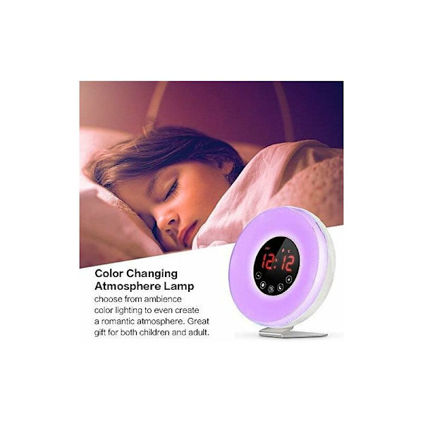 Vækkeur Lys Morgen- og Aftensolsimulator LED Sengelampe Touch Control med 10 Lysstyrkeniveauer Snooze-funktion, Digital FM-radio, 6 Naturlyde,