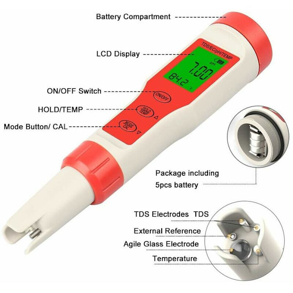 4-i-1 Digital pH-mätare - 0,01 Upplösning, pH/EC/TDS/Temperatur - Bakgrundsbelyst LCD-skärm, Automatisk Kalibrering