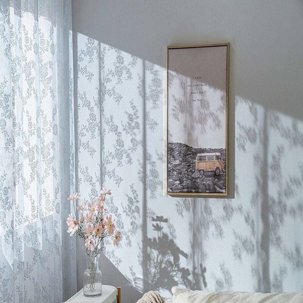 Blonder Gardin - Blomsterbroderet Gennemsigtig Blonde Gardiner med Takkede Kanter, Grå Voile Gardiner med Blomstermønstre, Filtrerende Gardiner til Soveværelse,