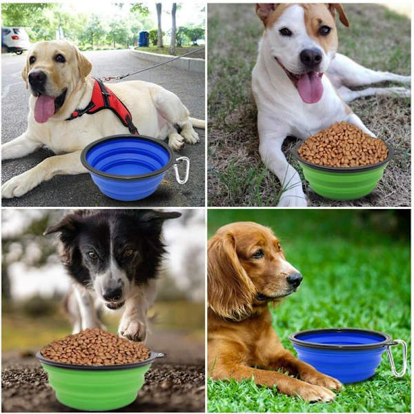 2 stycken hopfällbara hundskålar, reseskålar för hundar och katter (1000 ml, blå och grön)