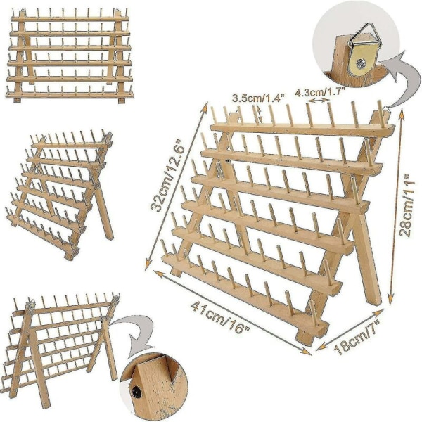 60 trespoler av tre/trådholderarrangør med opphengskroker, kompatibel med broderi- og sytråder