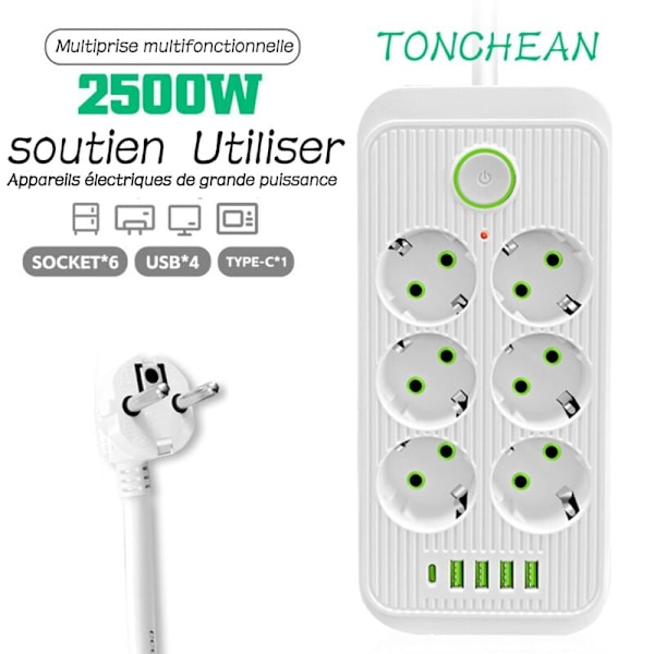 Elektrisk skjøteledning, 6 stikkontakter 2500W 10A 230V med 4 ladeplasser (4 USB A + 1 USB C) Multistikk overspenningsvern og overspenningsvern med S