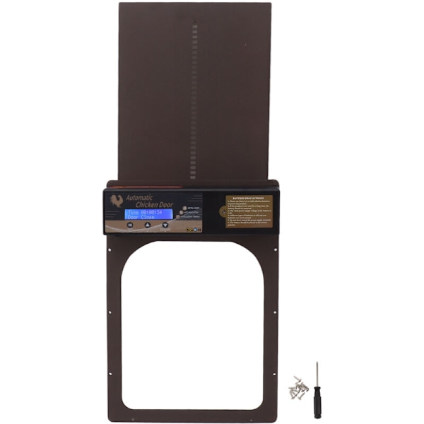 Automatisk Hönshusdörr med Timer, Tillverkad av Aluminiumlegering, IP45 Vattentät, LED-Skärm, Batteridriven, för Gård, Kaffe Brun