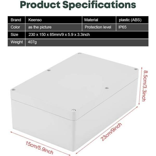 Utendørs elektrisk koblingsboks, IP65 vanntett koblingsboks ABS plast kabelkontaktkapsling 230 x 150 x 85 mm terminaler