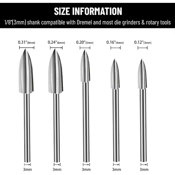 7 st träskärningsborr, 1/8 tum skaft HSS gravyrborrverktyg träslöjdsliptillbehör med chuck 4486