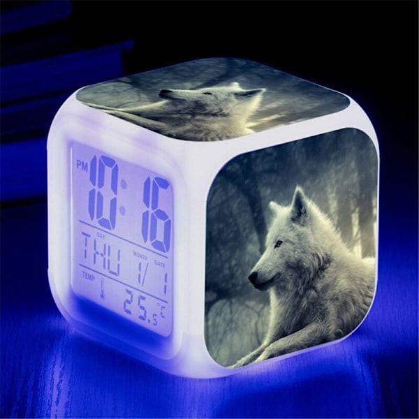 Varg LED-väckarklocka, Barnväckarklocka vid sängen, Kvadratisk, Upplyst LCD-display, Varguppgift (18) HIASDFLS