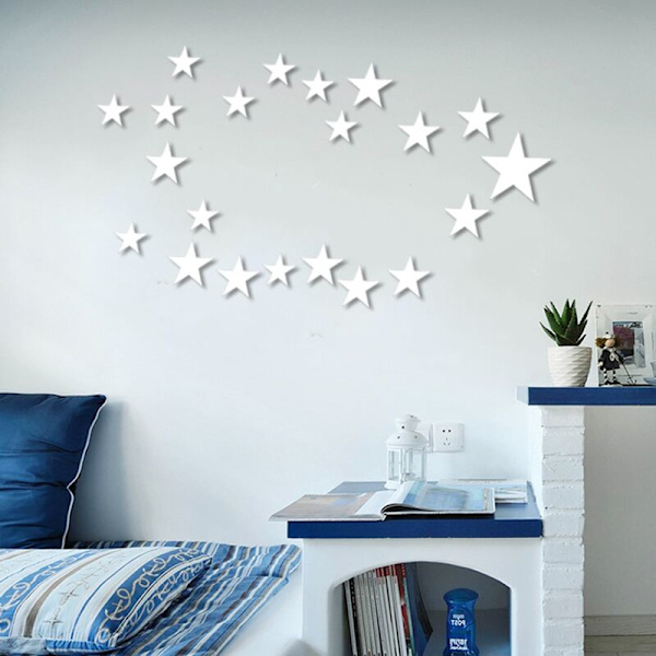 3D-klistremerke, 20 x stjernekunst speil veggklistremerke overflate klistremerke hjem rom DIY kunstdekor (sølv)