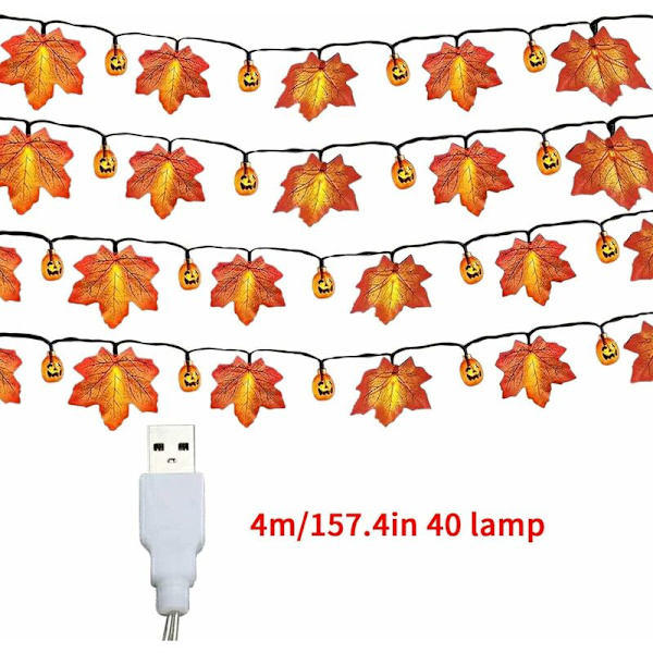 Tackgiving Halloween Batterilåda LED Lönnlöv Fairy Lights Inomhus och Utomhus Dekorativa Fairy Lights 6M 40 Ljus USB Pool Boy (B, One Size)