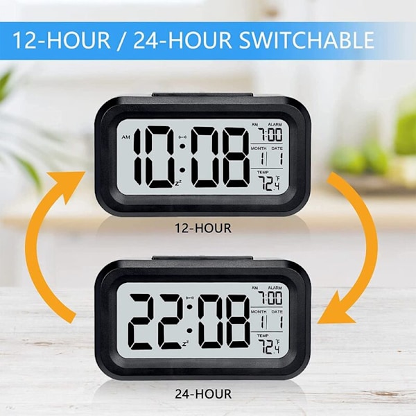 Digital väckarklocka, batteridriven väckarklocka, plus nattlampa snooze datum 12/24H inomhustemperatur (svart)