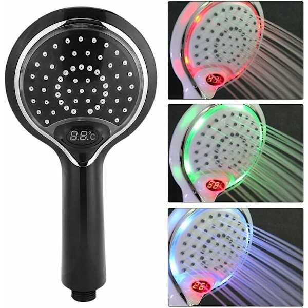 Håndholdt LED Bruseshowerhoved 3 Farver Skift Vandfald, LED Bruseshowerhoved med Digital Temperaturføler Display, Temperaturstyring Brusespray Sort