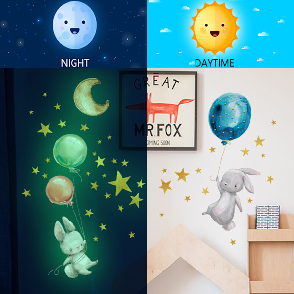 Fluorescerande väggdekaler för barn, måne, stjärnor, kaniner och ballonger lyser i mörkret, lysande vägg- och takdekaler för babyrum, barnrum, tak