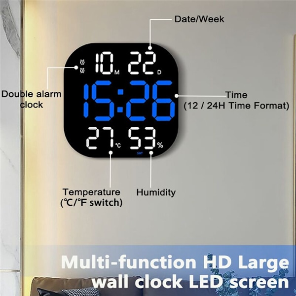 Stor LED Digital Väggklocka Fjärrkontroll Temperatur Datum Vecka Display Justerbar Ljusstyrka Bord Väckarklocka Blå