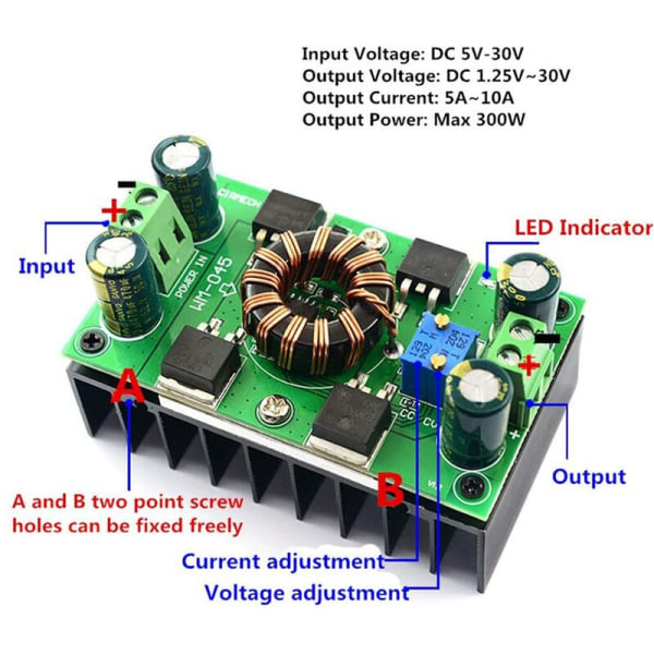 Automaattinen tehostus- ja alennusmuunnin, 5A (Max 10A) DC 5V-30V - 1,25-30V jännitteen säädin Vakiojännite Vakiovirta