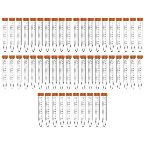 15 ml koniska centrifugrör, 50-pack sterila med läckagesäkra skruvlock, svarta graderingar