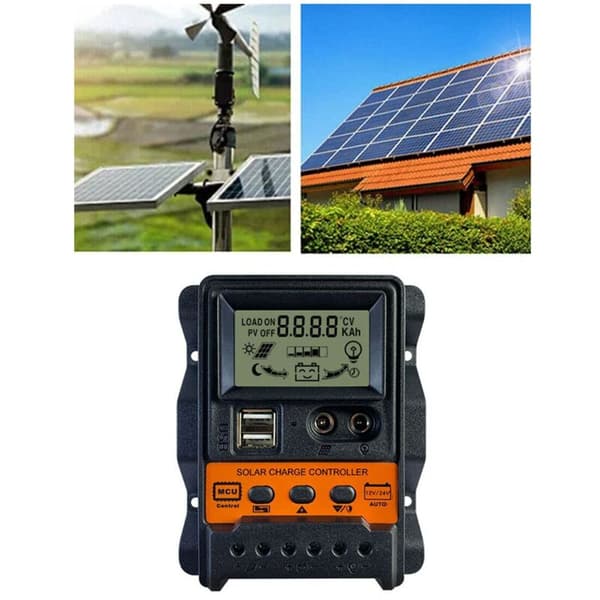 30A Solcellelader 12V24V Solpanel Batterilader Auto Regulator 2 USB LCD Display Lade Utlader