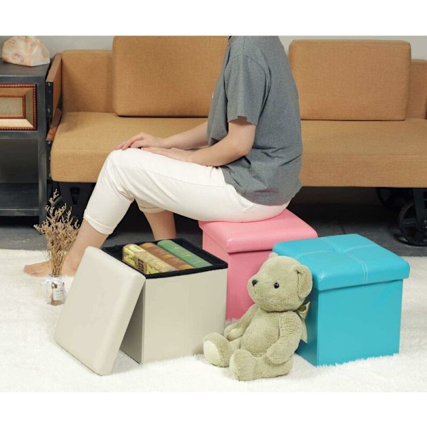 Cube Pouf Skammel Foldbar Kiste Sæde Opbevaringsboks, Brun Kunstlæder, 30X30X30cm (Beige-1)