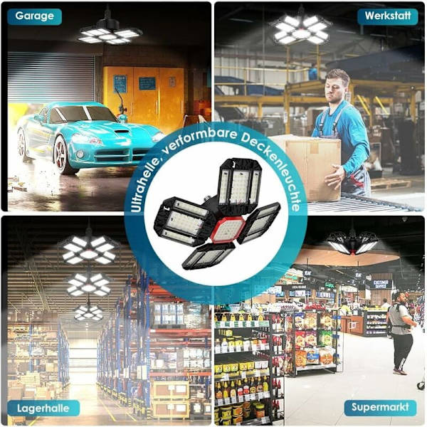 200W LED Verkstedslampe Garasjelys 1 stk 6500K Deformerbart Taklys med 12 Justerbare Paneler - E26 / E27 Bay Light for Kjølerrom Lager Verksted