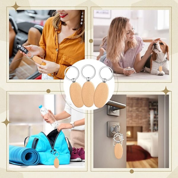 50 kappaletta soikeita puisia avaimenperiä puulevyaihioita viimeistelemättömiä puisia avainrenkaita avainrenkaita DIY-lahjatöihin (soikea)