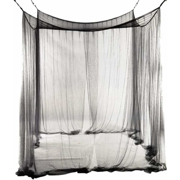 Myggenet til dobbeltseng, rektangulær ensfarvet med 4 åbninger, nem installation, Polyester, Sort, 190cm x 210cm x 240cm-