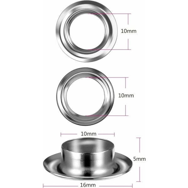 Grommet Kit Værktøj 10mm Metal Øjesæt 100 Sæt Grommet Kit Øjer Kit til Lærred Presenning Telt Reparation Sølv (2/5 Tommer)