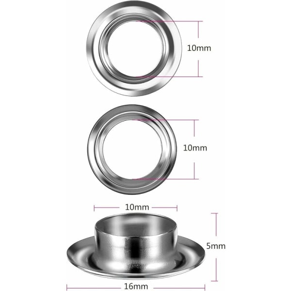 Grommet-kitverktyg 10mm metalliska öljettset 100 set grommet-kit öljetter för canvas presenning tältreparation silver (2/5 tum)