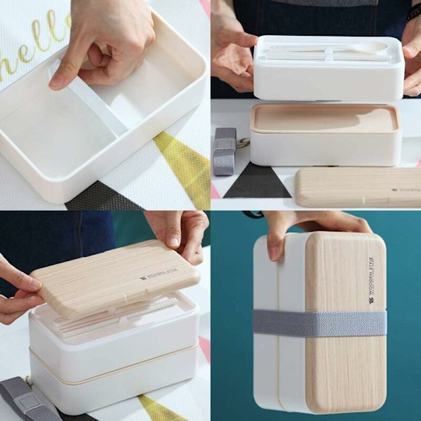 Lunchbox, Dubbel lunchbox, Trälunchbox, diskmaskinsäker, mikrovågsugnssäker, BPA-fri, vit, Fei Yu