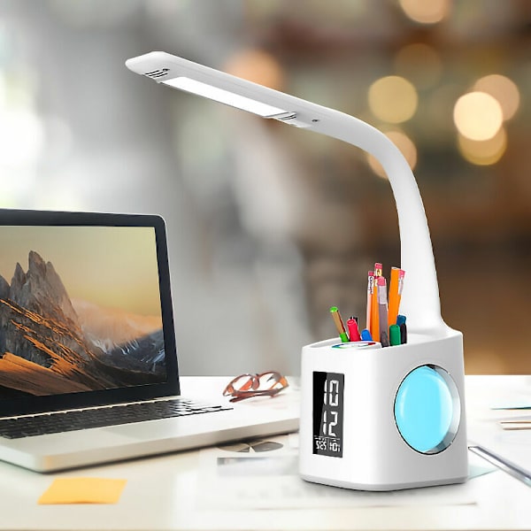 LED Skrivebordslampe med Penneholder/Tid/Kalender Display - USB Natteatmosfærisk Lys