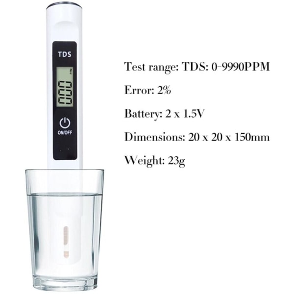 1 stk elektronisk pH-måler TDS-måler Vannkvalitetsmåler TDS pH EC Temperaturområde 0-9990 ppm, Digital tester med LCD-skjerm