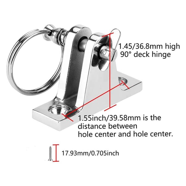 Bimini Top Deck Hinge med frigöringsstift, Bimini Top Hardware, 90° Deck Hinge, Installationsskruvar