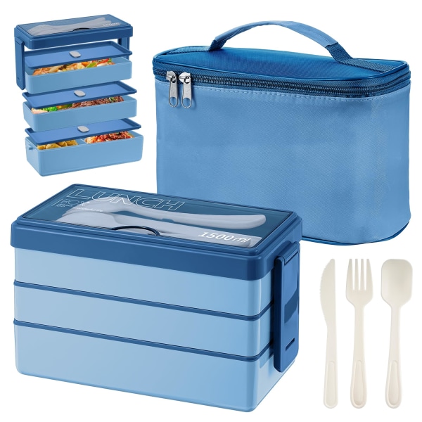 1450 ml 3-lags madkasse med bestiksæt, madkasse med isoleret pose Velegnet til Studenterkontor Voksenkontor Mikroovn Tåler opvaskemaskine (blå)