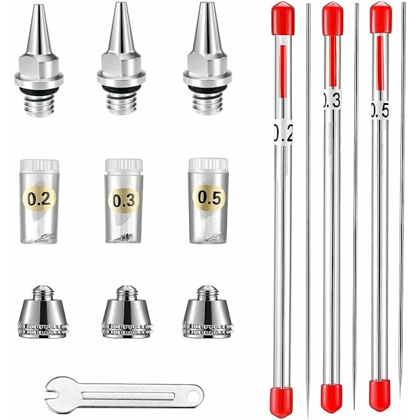 Dyserhætte, nål og dyse til AB130 airbrush, 0,2 mm, 0,3 mm, 0,5 mm. Airbrush reservedele.