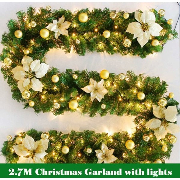 Julegirlander, 2,7M Peiser Trapper Dekorert LED Lysstreng Ornament Julegirlander for Dekorasjon (Gull)-