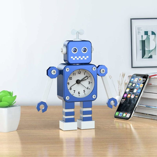 Robotväckarklocka, Analog Väckarklocka, Rostfritt Stål Tyst Väckarklocka med Blinkande Upplysta Ögon och Roterande Arm, Present till Barn, Flickor Pojkar HI