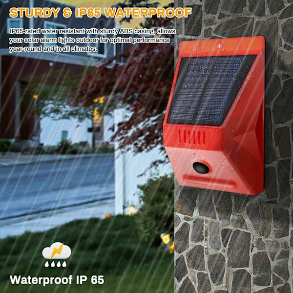 Solcellsstrobe med rörelsesensor IP65 Vattentät LED Solcellslarmdetektor med fjärrkontroll, Vattentät 129dB Ljudsäkerhetssiren för hem,