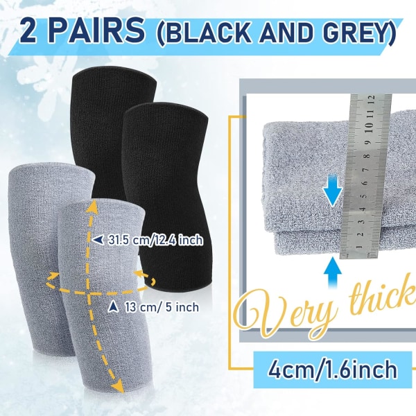 2 par varme knæbeskyttere til mænd og kvinder Anti-slip vintervarme knæbeskyttere Elastiske benvarmere sort og grå
