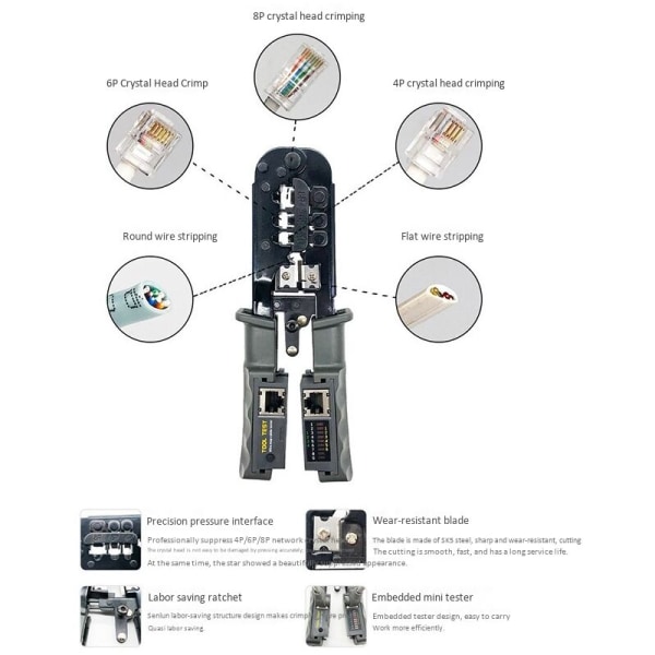 RJ45-krimper, nettverkskabeltester, kuttetang for Cat7 Cat6 Cat5 RJ11 RJ12 RJ45 metallkrimper