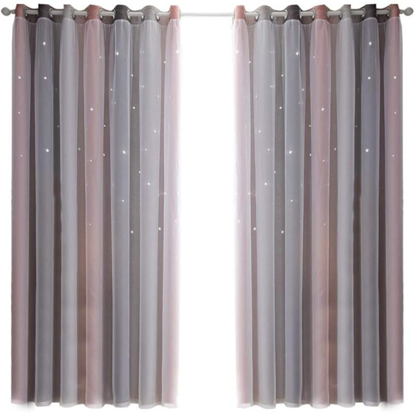 Mörkläggningsgardiner för sovrum, ljudisolerade gardiner, termiskt isolerade, ogenomskinliga gardiner med mönster (134 x 160 cm, rosa)