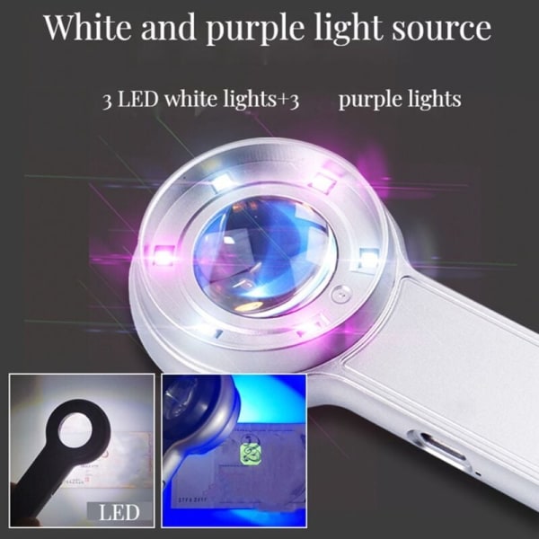 Kannettava USB-lataus HD 60 kertaa LED-valolla, valkoinen ja violetti suurennuslasi lukemiseen