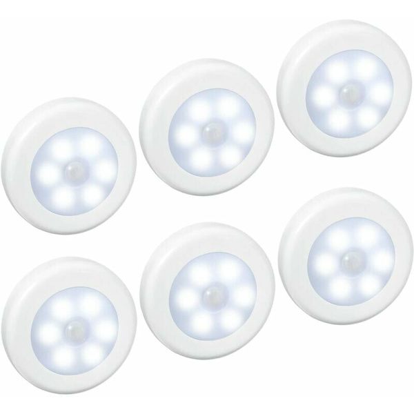 6LED Bevegelsesaktivert nattlys, skapnødhjelpslys, 6 stk, hvitt lys, egnet for skap, garderobe, korridor