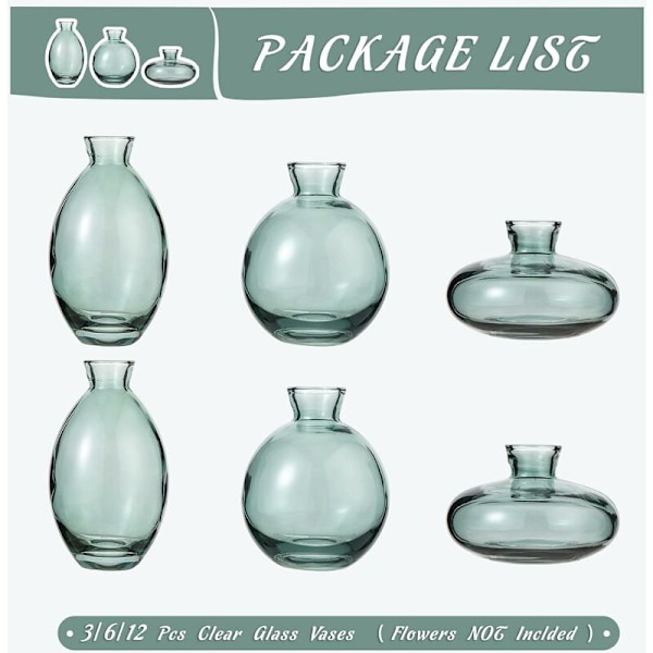 Glasvaser, set med 6 gröna vaser för blommor, små bulkblomvaser för bröllopsdekorationer, blomsterarrangemang, vardagsrum och heminredning