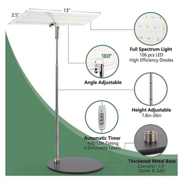 Vækselys, Spektrum LED Plantelys, Højdejusterbar Vækselampe med 4H/8H/12H Automatisk Til/Fra Timer