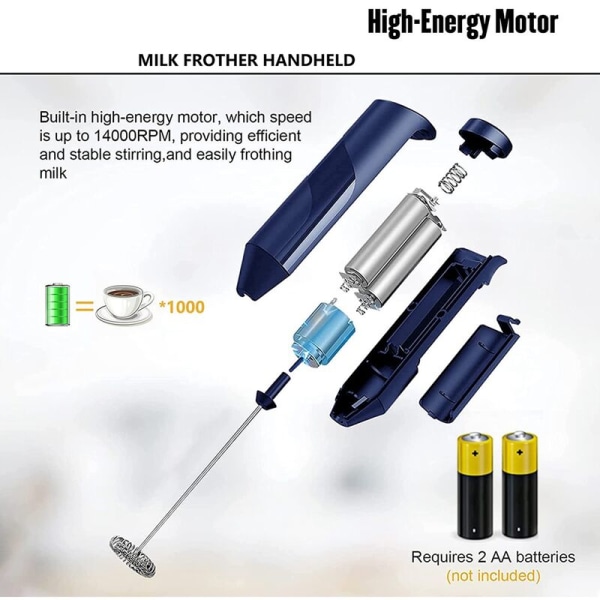 Sähköinen maidonvaahdotin telineellä, paristokäyttöinen kahvivaahdotin, käsikäyttöinen sekoitin kahville (sininen)