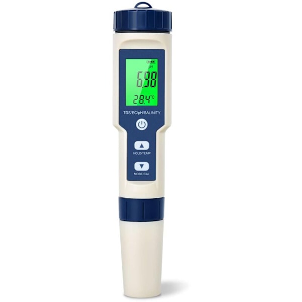 pH-Meter 5 i 1 med Salinitet, Temperatur, TDS, EC - Multifunktionel Tester med Høj Præcision, Vandafvisende, Automatisk Temperaturkompensation og Selvkalibrering