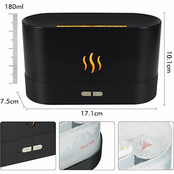 Aromadiffuser for eteriske oljer, flammeeffekt aromadiffuser, luftfukter med 2 lysstyrke nattlys, vannløs automatisk avstenging, USB