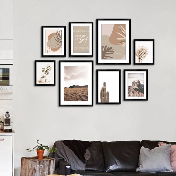 8-delers svart nøytralt galleri veggrammesett Dekorative kunstutskrifter Svart fotoramme Collage veggkunstdekor Egnet til hjemmedekorasjon