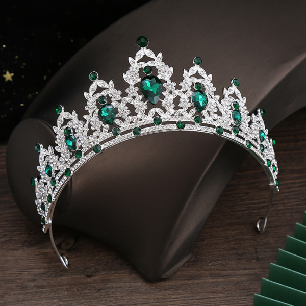 Kvinners bryllup rhinestone tiaraer, prom bursdag hår tilbehør silver green