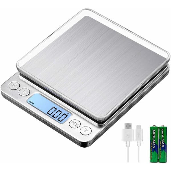 Digital köksvåg USB uppladdningsbar 3kg/0.1g Digital bakning matvåg, precision elektronisk våg rostfritt stål vägning bord brickor, Tare-Ens