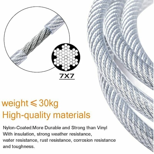 Rustfrit kabel i rustfrit stål, 2 mm kabel med kappe + skruelås + spænder i rustfrit stål + skrue, PVC-belagt kabel i rustfrit stål