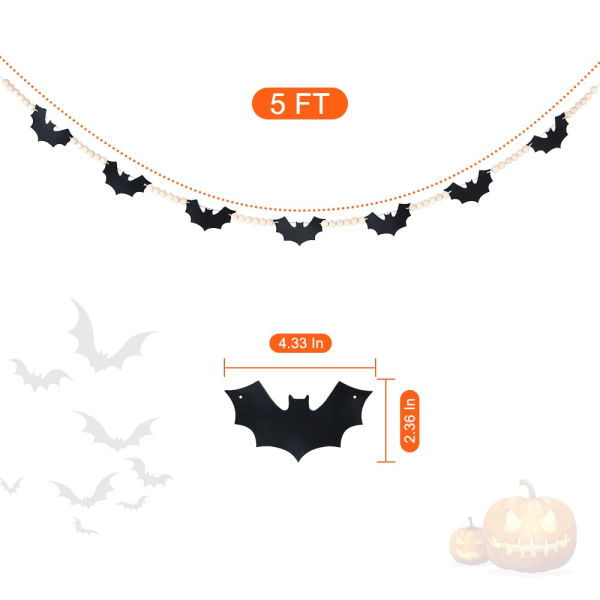 Halloween Garland, Bats Garland Halloween Mantle Sisustus, Huopa Lepakoiden Puuhelmibanneri Takkavaipan koristeluun